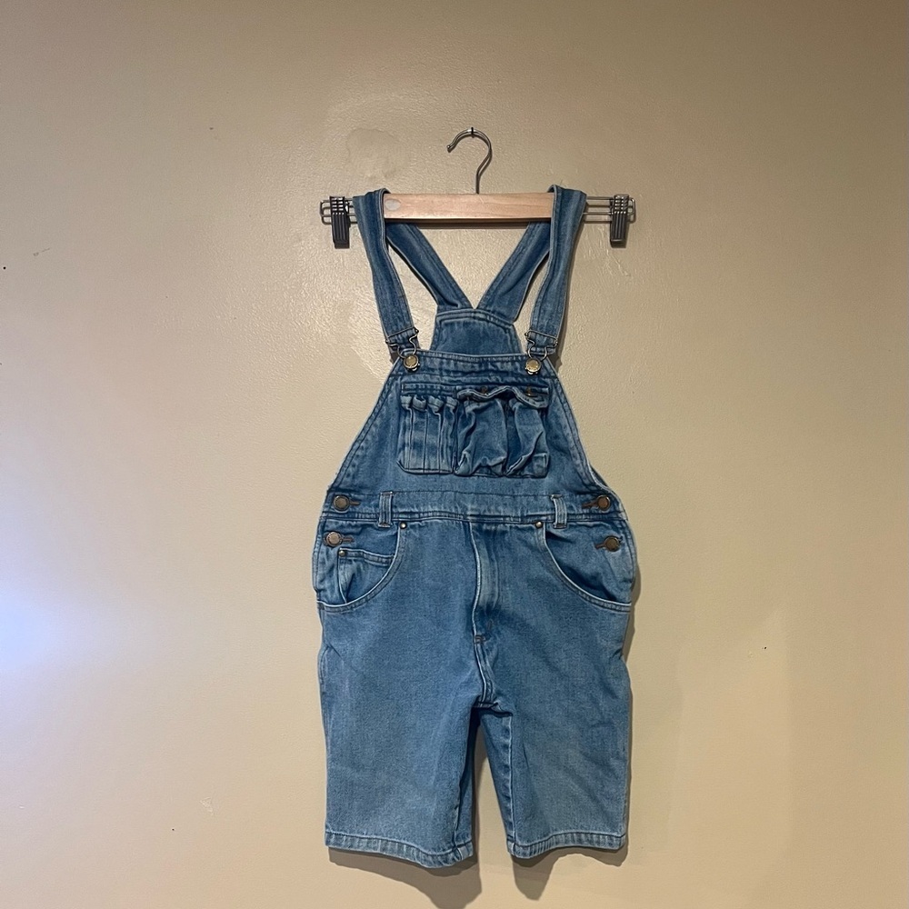 Longstreet Youth Blue Denim Short Overalls VGT Multiple Pockets Adjustable Strap